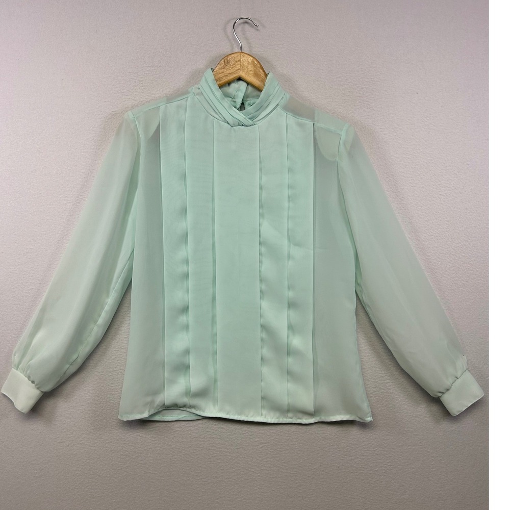 Vintage Retro Laura Mae Womens Size 6 Mint Green Pintuck High Neck Blouse